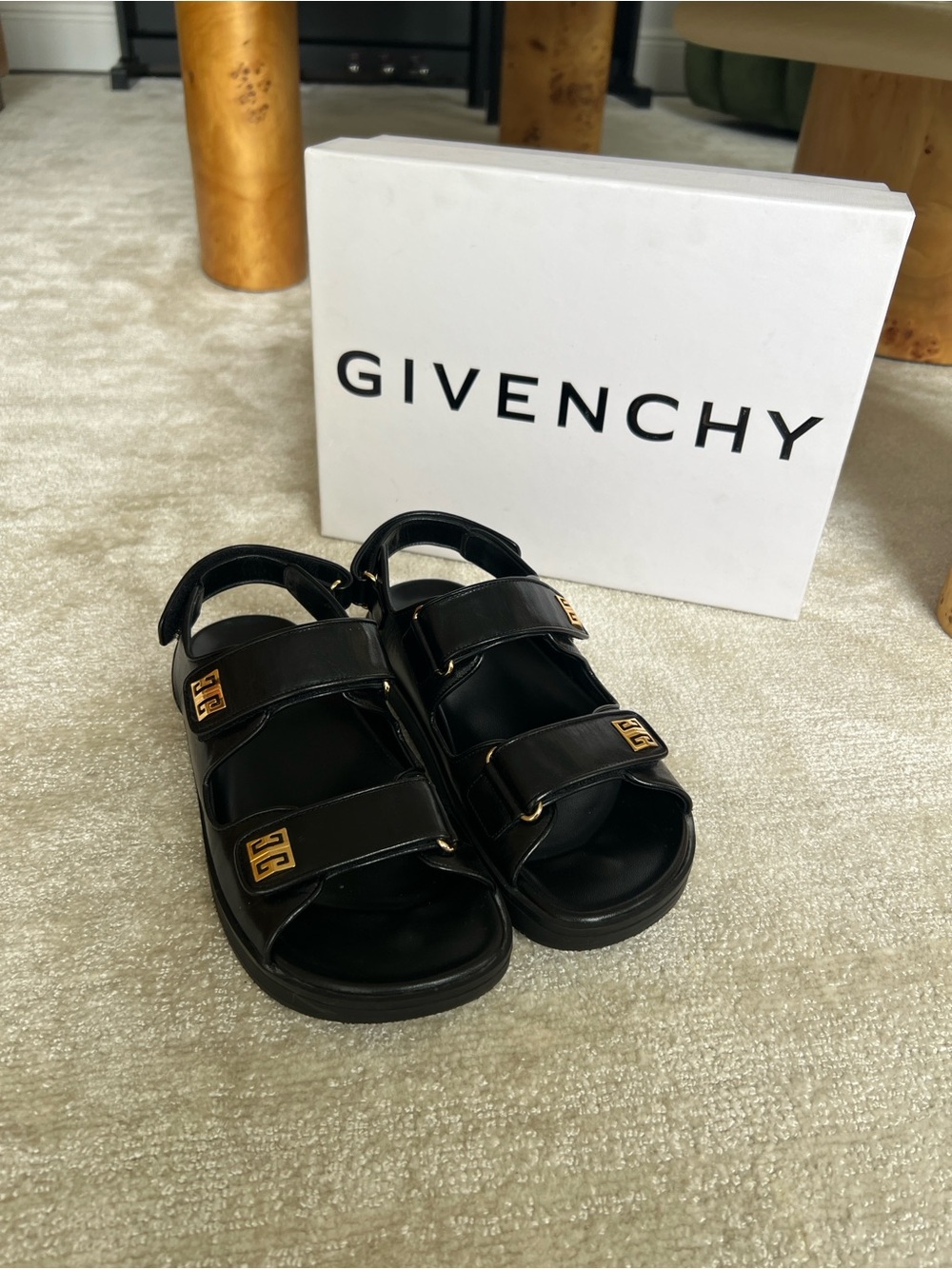 Givenchy  Black Leather Double-Strap Sandals with Gold Logo size 37